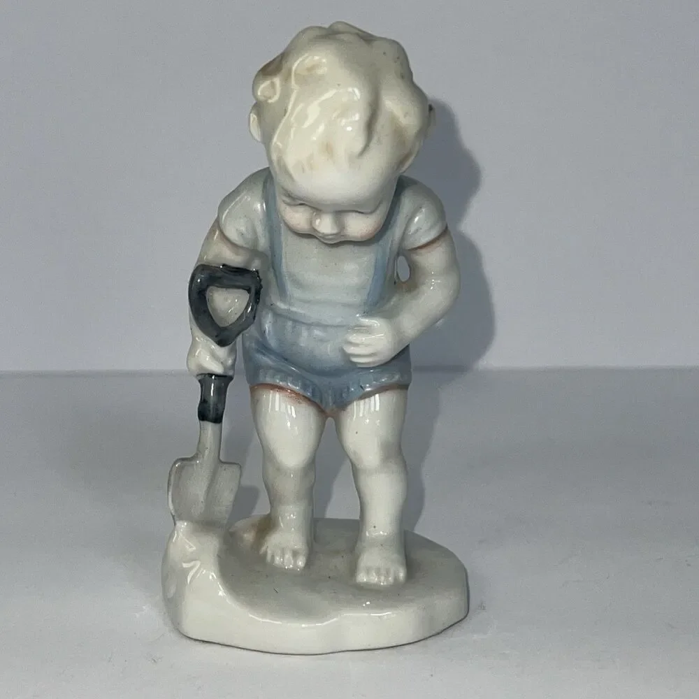 Vintage Porcelain Little Boy With Shovel Overalls Knickknack Made In Japan